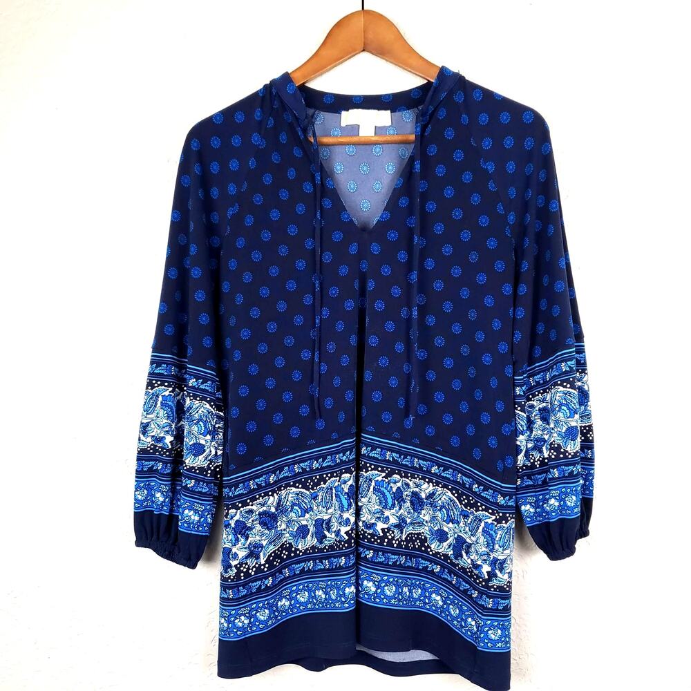 Michael Kors Tunic Blouse Print Top Casual 3/4 Sleeve Navy Aqua EUC- XS